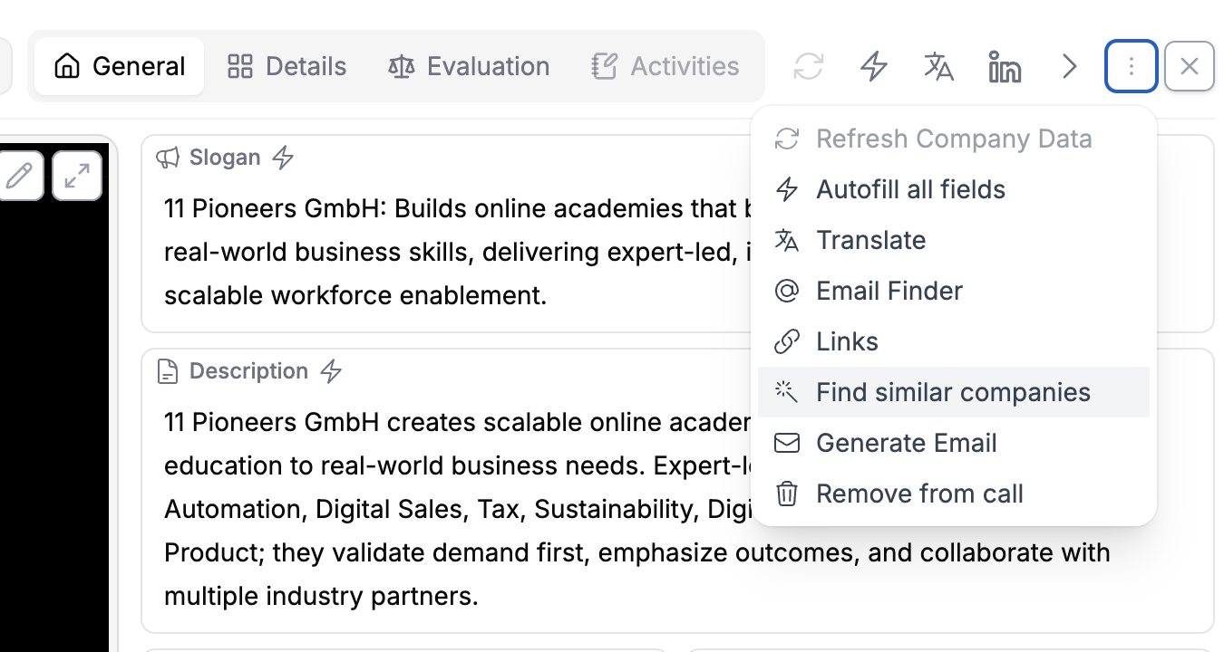 Coopsaas company profile with the Find similar companies action visible in the menu