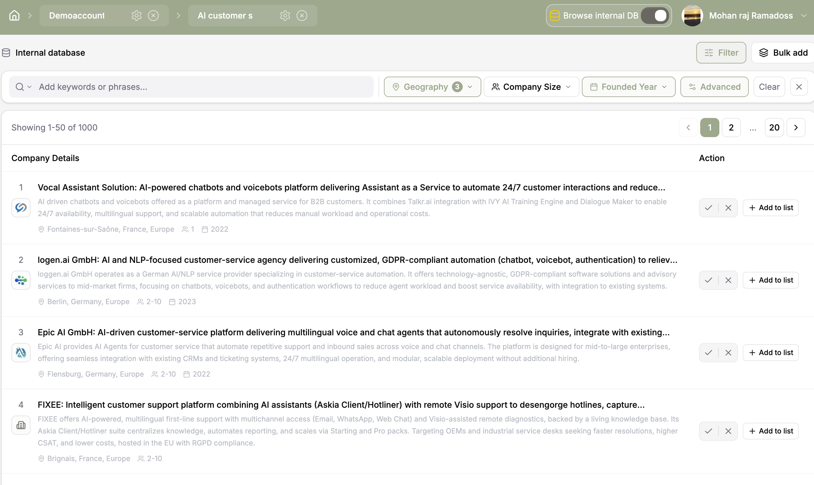 Durchsuchbare Unternehmensprofile in der Coopsaas Integrated Database
