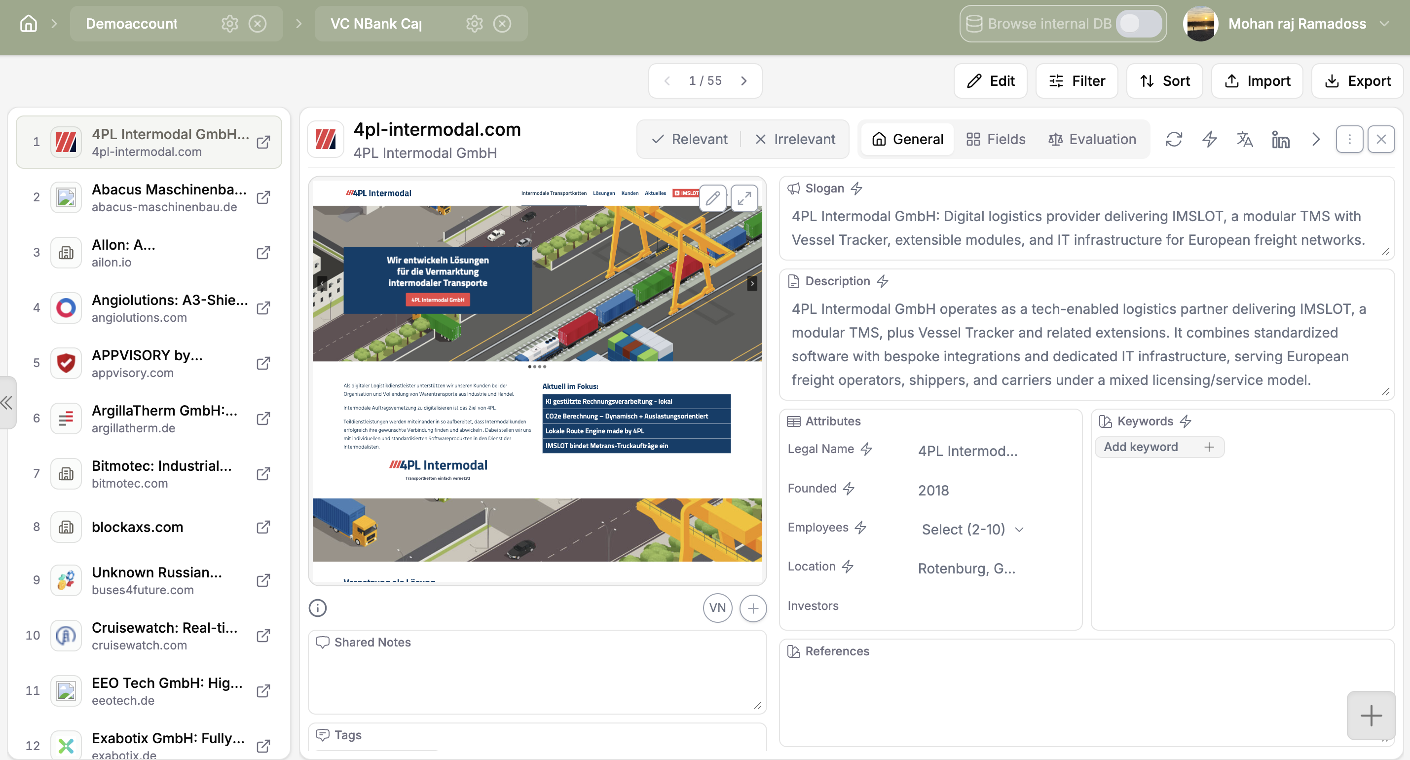 Coopsaas — company profile view with AI-assisted enrichment