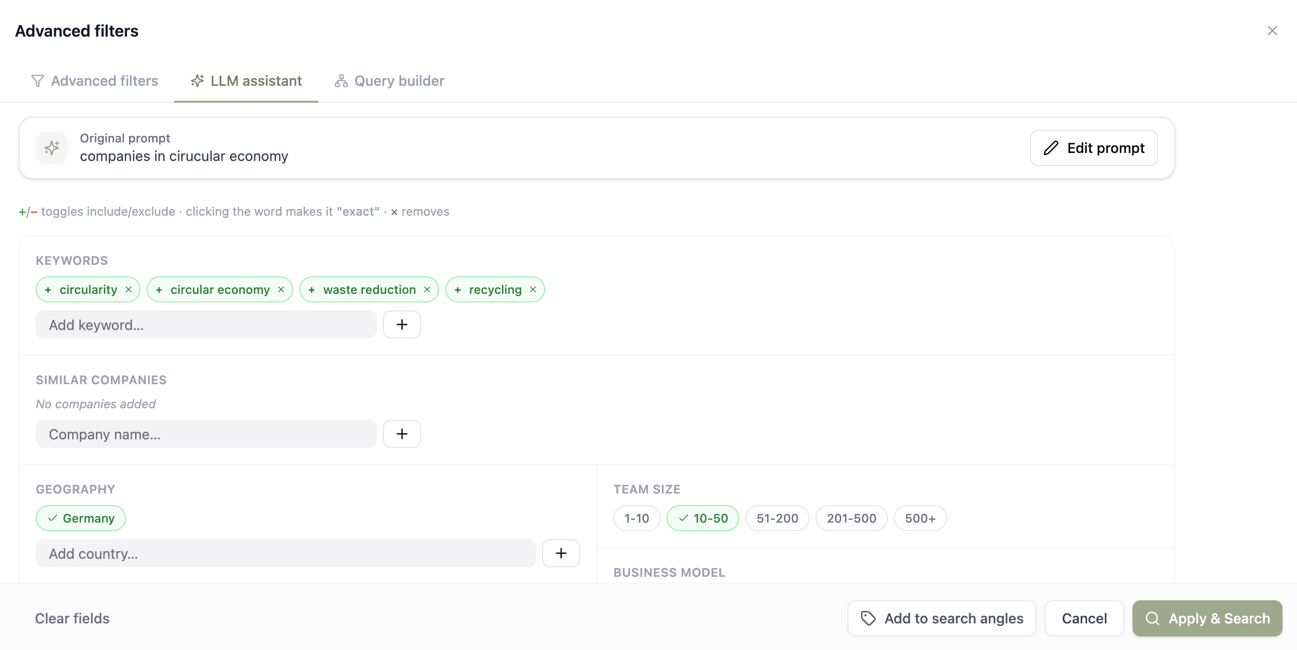 Coopsaas search filters generated from a natural-language prompt