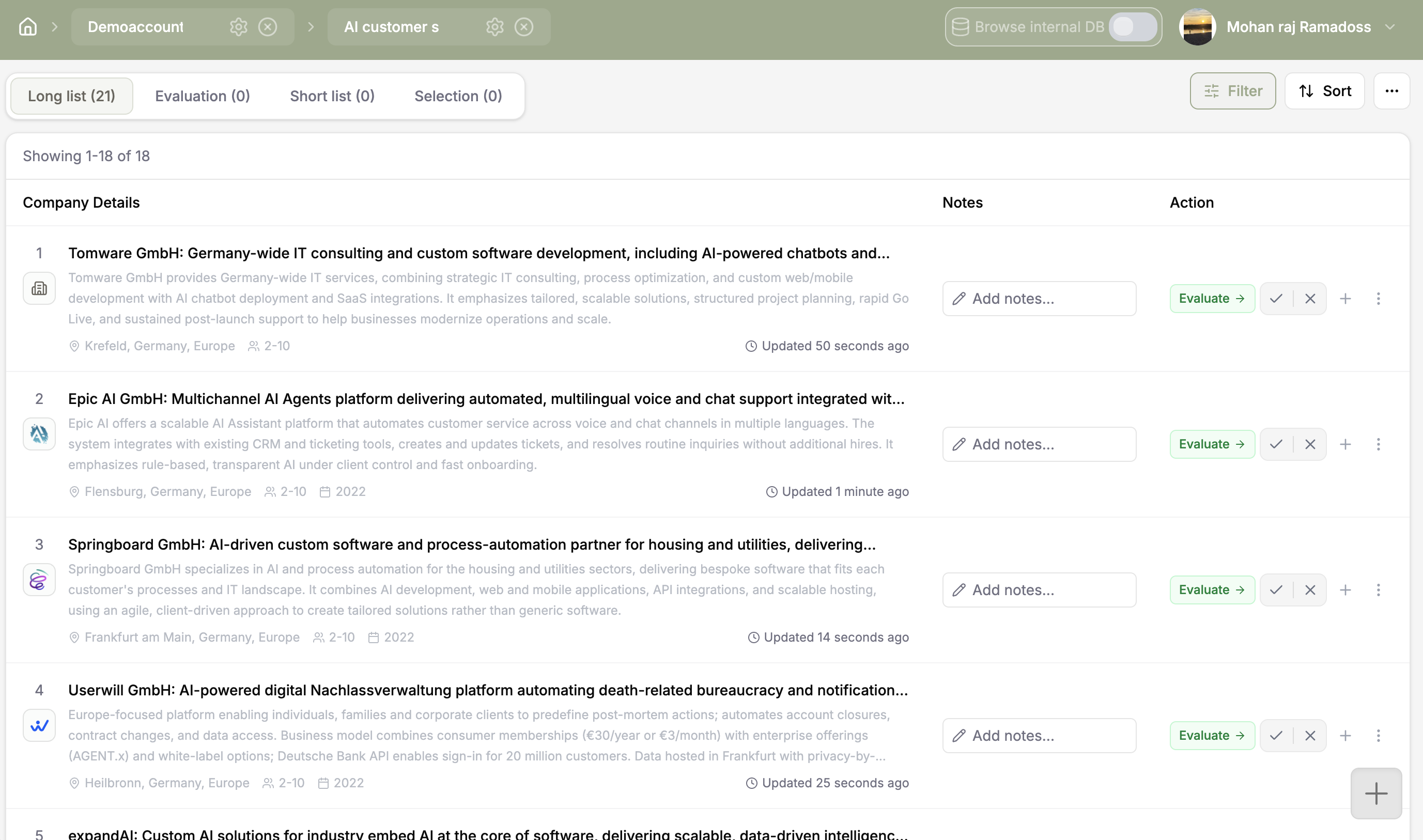 Coopsaas-Shortlist mit Unternehmensnotizen und nächsten Schritten