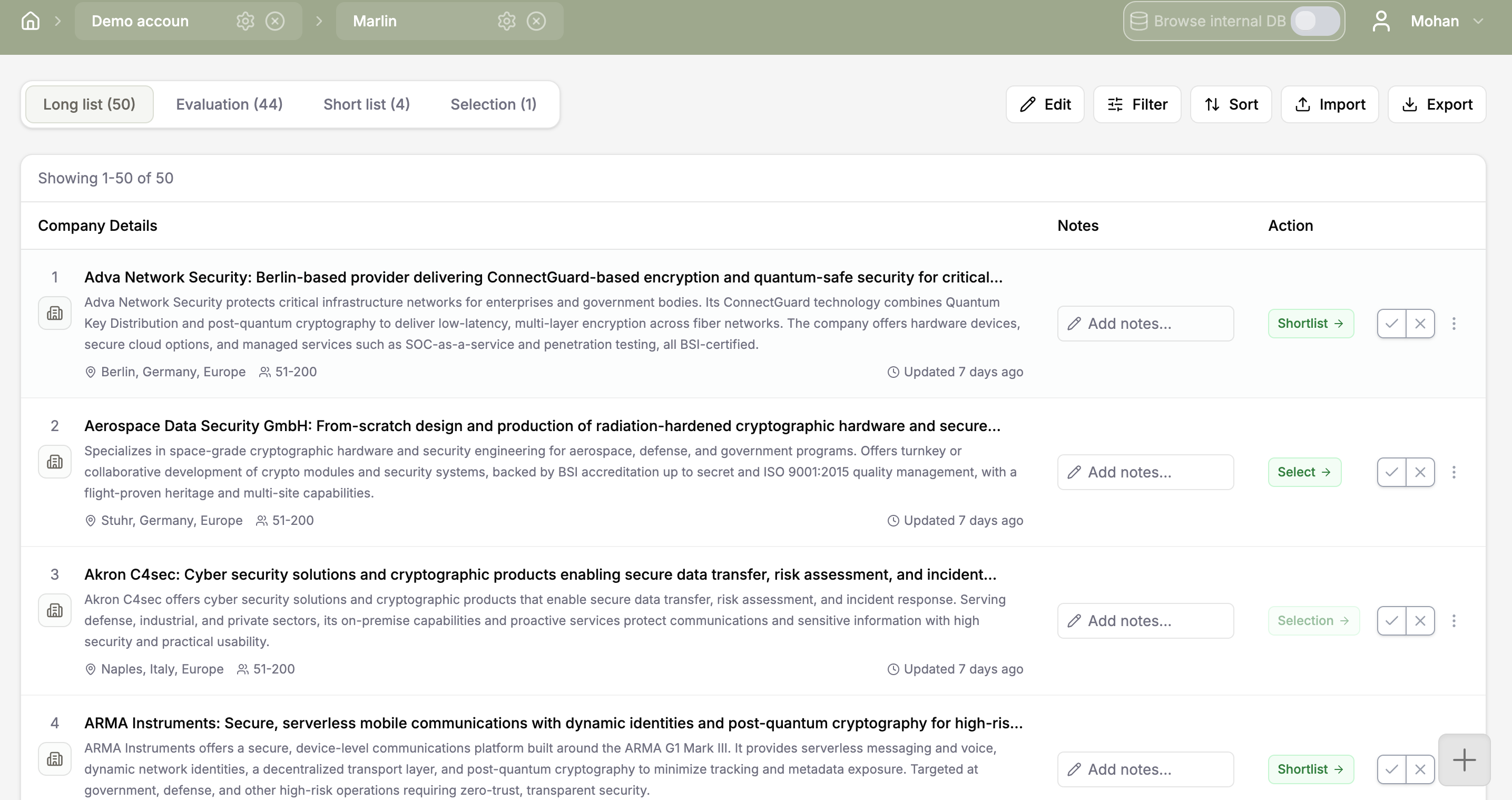 Startup longlist with notes and shortlist actions